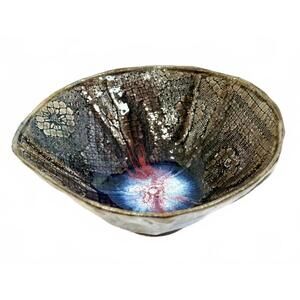 Handmade Lace Texture Studio Pottery Bowl Ceramic Centerpiece Blue Red Glaze